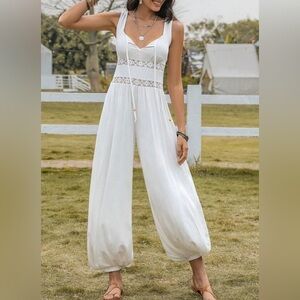 Bohemian Lace Insert Tie Front Backless Jumpsuit Pants